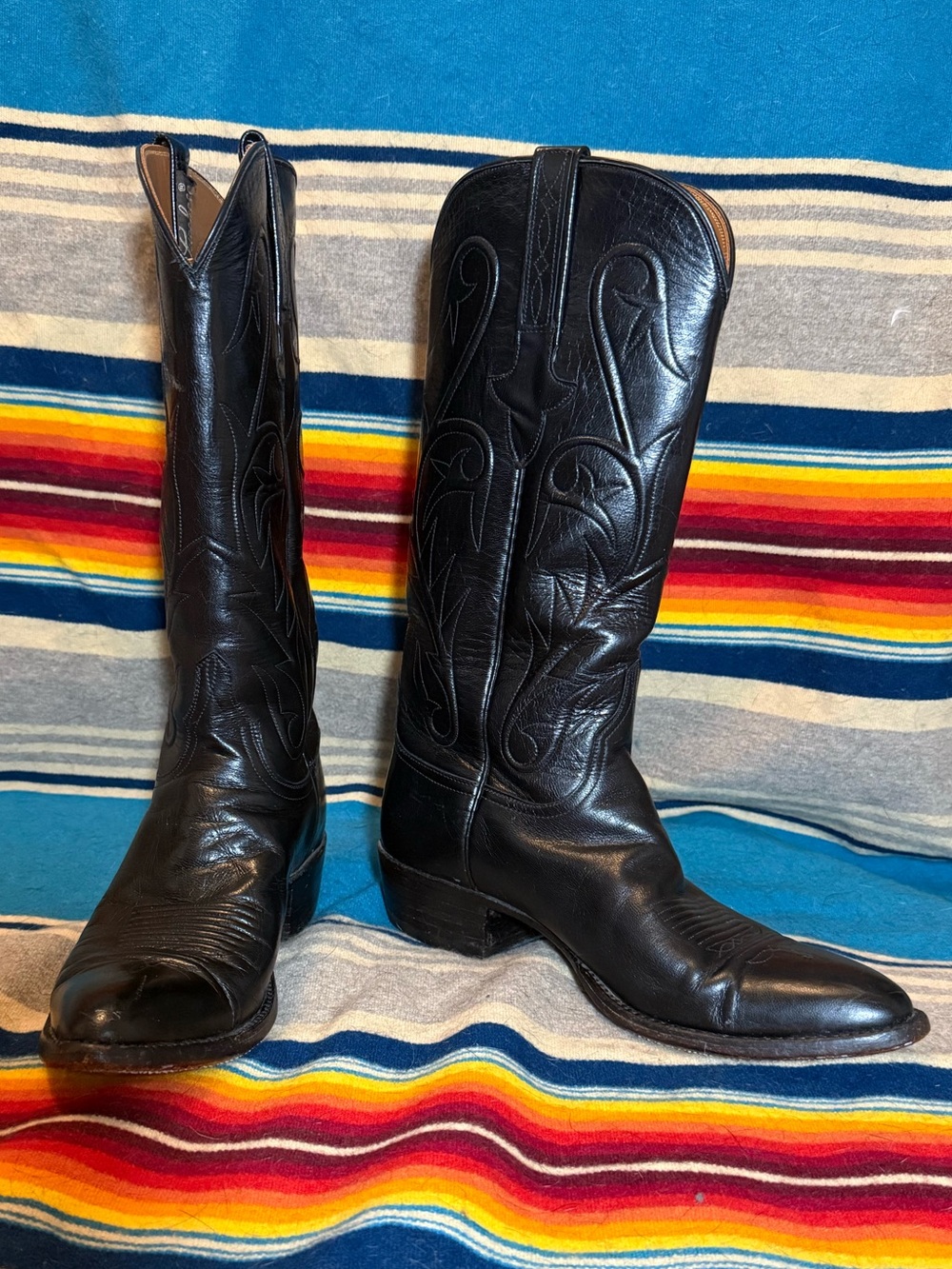 Lucchese Black Leather Western Boots with Embroidered Shaft